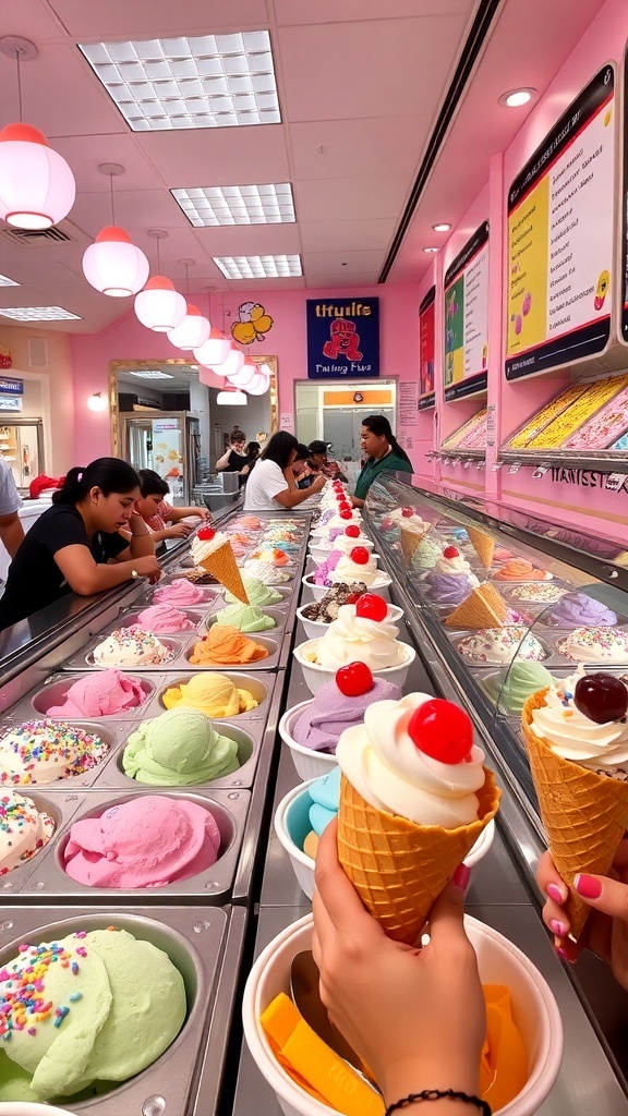 A lively ice cream parlor with colorful ice cream scoops and happy customers enjoying their desserts.